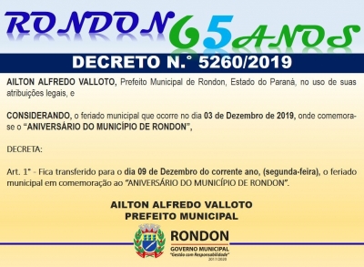 Feriado do Aniversário de Rondon Será na Segunda-Feira Dia 09 de Dezembro