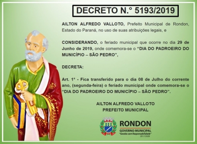 Decreto de Feriado Municipal em Alusão ao Padroeiro de Rondon 