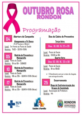 Programação Especial Outubro Rosa, destinado à saúde da mulher, segue com diversas atividades.