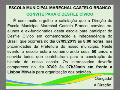 Convite Desfile Cívico Escola Municipal Marechal Castelo Branco