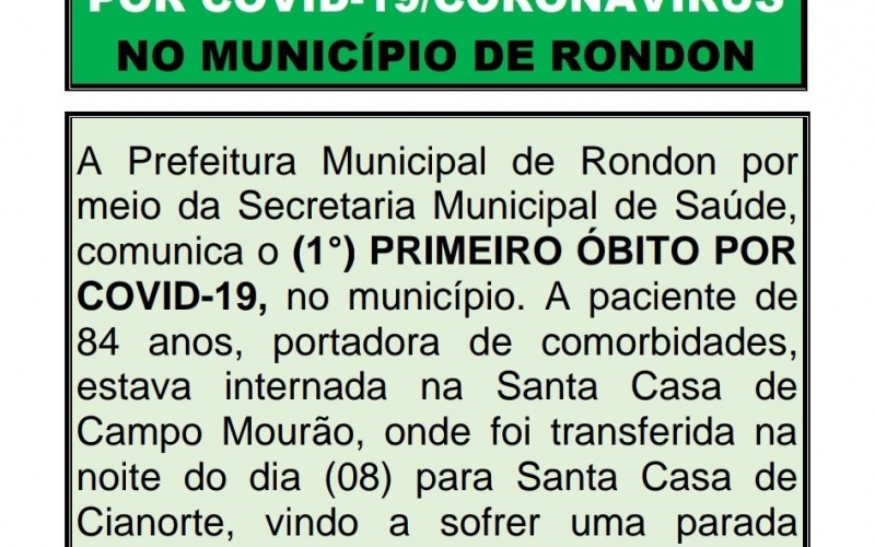 1° Caso de Óbito por Covid-19 em Rondon