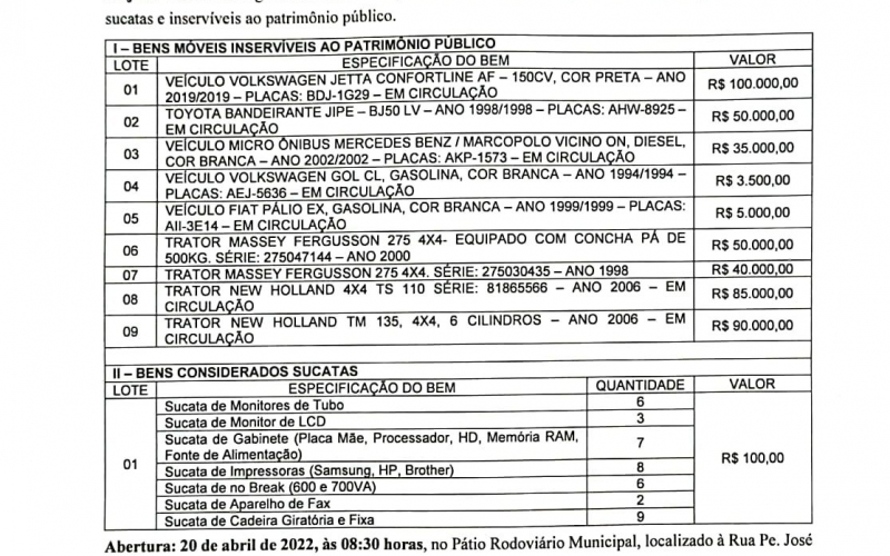 AVISO DE LICITAÇÃO - LEILÃO Nº 01/2022