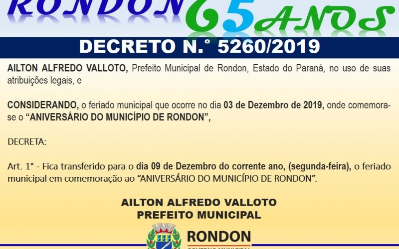 Feriado do Aniversário de Rondon Será na Segunda-Feira Dia 09 de Dezembro