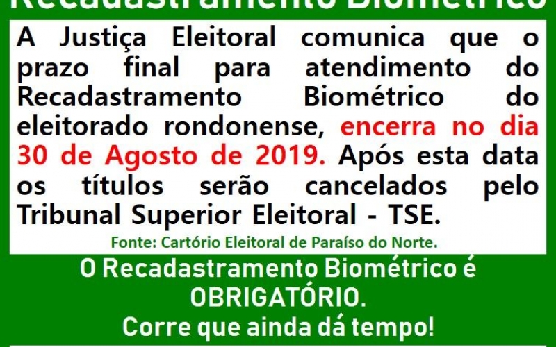 Prazo Esgotando Recadastramento Biométrico!