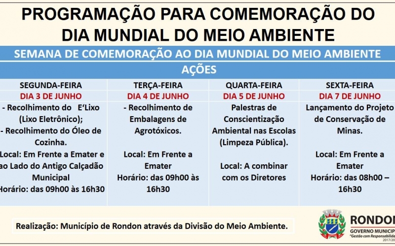 Programação: Semana de Comemoração ao Dia Mundial do Meio Ambiente